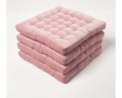 Homescapes stoelkussens – set van 4 zitkussens – fluweel – roze – 40x40 cm – met lint – voor eetkamer & buitengebruik