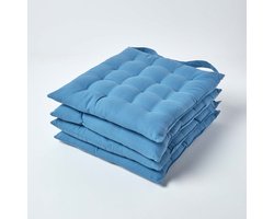 Homescapes stoelkussens – set van 4 zitkussens – katoen – 40x40 cm – blauw – met lint – voor eetkamer & buitengebruik