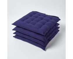 Homescapes stoelkussens – set van 4 zitkussens – katoen – 40x40 cm – marineblauw – met lint – voor eetkamer & buitengebruik