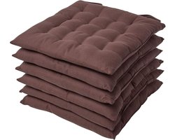Homescapes stoelkussens – set van 6 zitkussens – katoen – 40x40 cm – bruin – met lint – voor eetkamer & buitengebruik