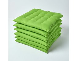 Homescapes stoelkussens – set van 6 zitkussens – katoen – 40x40 cm – limoengroen – met lint – voor eetkamer & buitengebruik
