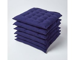 Homescapes stoelkussens – set van 6 zitkussens – katoen – 40x40 cm – marineblauw – met lint – voor eetkamer & buitengebruik