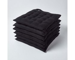Homescapes stoelkussens – set van 6 zitkussens – katoen – 40x40 cm – zwart – met lint – voor eetkamer & buitengebruik