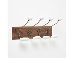 Homescapes vintage wandkapstok met keramische haken op massief houten strook