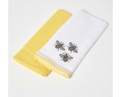 Homescapes wafelpiqué theedoeken met bijenmotief in set van 2, 40 x 60 cm