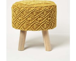 Homescapes Willow – Macrame kruk rond met houten poten – goudgeel, 43 cm hoog