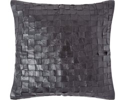 Homescapes Zwart leren mandgeweven kussen met verenvulling, 45 x 45 cm