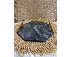 Homestar Decoratie -Met goud handvat - Marmer - dienblad - zwart grijs marmer - 25cm - marmer dienblad - 8 hoek marmer dienblad - decoratie schaal - tapasplank - serveerplank