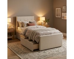 Homestyle4u Eenpersoonsbed - 90x200 cm - Gestoffeerd bed - met 2 bedbakken - Beige