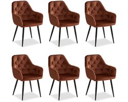 Homestyle4u Eetkamerstoelen van fluweel - 6 Stoelen - met armleuningen - Bruin
