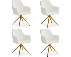 Homestyle4u Eetkamerstoelen van Linnen - 4 Stoelen - met armleuningen - draaibaar - Bouclé Beige en Gouden