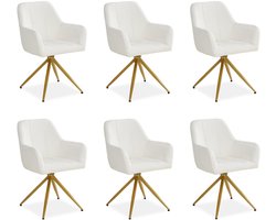Homestyle4u Eetkamerstoelen van Linnen - 6 Stoelen - met armleuningen - draaibaar - Bouclé Beige en Gouden
