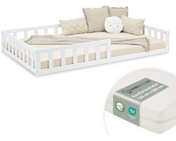 Homestyle4u Kinderbed 120x200 cm - Vloerbed met matras en valbeveiliging - Wit