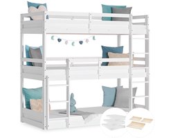 Homestyle4u kinderbed - 90 x 200 cm - Hoogslaper voor 3 kinderen - met matrassen - Wit