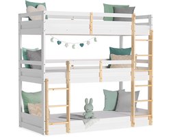 Homestyle4u Kinderbed - 90x200 cm - Hoogslaper voor 3 kinderen - wit en natuurkleur