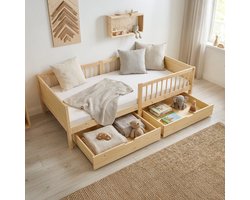 Homestyle4u Kinderbed - 90x200 cm - houten bed - met 2 bedladen - Natuur
