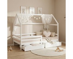 Homestyle4u Kinderbed 90x200 cm - Huisbed - met 2 beddenkisten - Wit