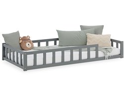 Homestyle4u Kinderbed - 90x200 cm - Vloerbed met lattenbodem en valbeveiliging - Grijs