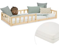 Homestyle4u Kinderbed 90x200 cm - Vloerbed met valbeveiliging en matras - Natuur