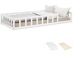 Homestyle4u Kinderbed 90x200 cm - Vloerbed met valbeveiliging en matras - Wit