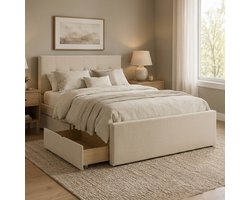 Homestyle4u Tweepersoonsbed - 140x200 cm - Gestoffeerd bed - met 2 bedbakken - Beige