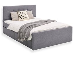 Homestyle4u Tweepersoonsbed - 140x200 cm - Gestoffeerd bed - met 4 Lades - Grijs