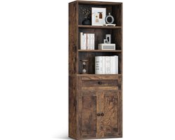 HOMESY 5-laags boekenkast met deuren en kast, Vloerstaande display-opbergplank, Hoge boekenkast met lades voor Huis, Kantoor, Woonkamer, Slaapkamer, Bruin, 48 x 24 x 164