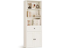 HOMESY 5-laags boekenkast met deuren en kast, Vloerstaande display-opbergplank, Hoge boekenkast met lades voor Huis, Kantoor, Woonkamer, Slaapkamer, Wit, 48 x 24 x 164