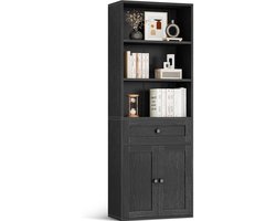 HOMESY 5-laags boekenkast met deuren en kast, Vloerstaande display-opbergplank, Hoge boekenkast met lades voor Huis, Kantoor, Woonkamer, Slaapkamer, Zwart, 48 x 24 x 164