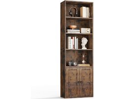 HOMESY 6-laags boekenkast met deuren en kastje, Vloerstaand boekenrek voor presentatie en opslag, Boekenkasten voor huis, kantoor, woonkamer, slaapkamer, Bruin, 48 x 24 x 176