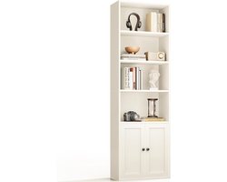 HOMESY 6-laags boekenkast met deuren en kastje, Vloerstaand boekenrek voor presentatie en opslag, Boekenkasten voor huis, kantoor, woonkamer, slaapkamer, Wit, 48 x 24 x 176