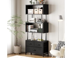 HOMESY Boekenkast, rek met 5 etages, staand rek met 3 stoffen laden, smalle plank, geschikt voor slaapkamer, kantoor, woonkamer, keuken, 60 x 24 x 155 cm, zwart