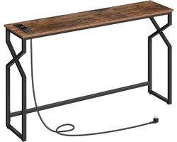 HOMESY Consoletafel, 115 cm lange Bijzettafel, met Stekkerdoos en USB-poorten, smalle Haltafel, Salontafel, voor Hal, Gang, Woonkamer, Rustiek Bruin