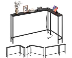 HOMESY Consoletafel smal, 180 cm L-vormige ingangstafel, 15 cm brede gangtafel, 3 combinatiemodi, 1 stopcontact en 2 USB-poorten, voor woonkamer, hal, achter de bank, zwart