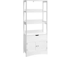 Homesy hoge kast, badkamermeubel, vrijstaande badkamerkast, boekenkast, 3 open vakken, 1 lade en 2 kastdeuren, 60 x 32,5 x 154 cm, hal, keuken, bureau, wit