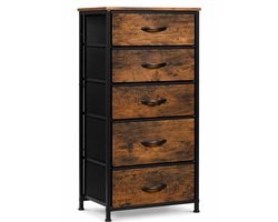 HOMESY Ladekast met 5 laden van stof, ladekast, dressoir ladekast, voor slaapkamer, woonkamer, hal, van metalen frame van hout ,45X95X30Cm vintage houtlook zwart