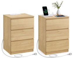 Homesy Nachtkastje set van 2 - Slaapkamer - Modern - Ebbenhout Strogeel - 3 lades - Met stopcontact