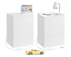 Homesy Nachtkastje set van 2 - Slaapkamer - Modern - Ebbenhout Wit - 3 lades - Met stopcontact