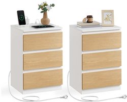 Homesy Nachtkastje set van 2 - Slaapkamer - Modern - Ebbenhout Wolkenwit/Strogeel - 3 lades - Met stopcontact