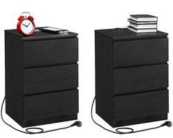 Homesy Nachtkastje set van 2 - Slaapkamer - Modern - Ebbenhout zwart - 3 lades - Met stopcontact