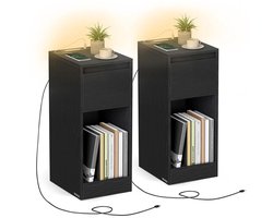 Homesy Nachtkastje set van 2 - Slank bijzettafeltje met LED-verlichting - USB-A & USB-C poort - 1 lade & open vak - Voor slaapkamer & woonkamer - 40 x 30 x 61 cm - Ebbenhout zwart