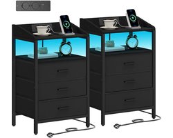 HOMESY Nachtkastjes Set van 2 LED Licht en Oplaadstation, Eindtafel met 3 Stoffen Opbergladen en Planken, Bijzettafel met USB Poorten & Stopcontacten, Nachtkastje voor Slaapkamer