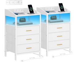 HOMESY Nachtkastjes Set van 2 LED Licht en Oplaadstation, Eindtafel met 3 Stoffen Opbergladen en Planken, Bijzettafel met USB Poorten & Stopcontacten, Nachtkastje voor Slaapkamer (Wit, 2er Set)