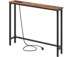 HOMESY Slim Consoletafel, 100 cm Lange Bijzettafel, Salontafel met Oplaadstation, Haltafel, Achter de Bank, In de Woonkamer, In de Gang, Metalen Frame, Vintage Bruin en Zwart
