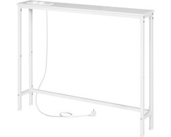 HOMESY Slim Consoletafel, 100 cm Lange Bijzettafel, Salontafel met Oplaadstation, Haltafel, Achter de Bank, In de Woonkamer, In de Gang, Metalen Frame, Wit