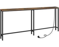 HOMESY Smalle consoletafel met stekkerdoos, 180 x 15 x 80 cm consoletafel met laadstation, smalle banktafel, console achter de bank, voor entree, hal, Vintage Bruin en Zwart
