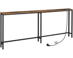 HOMESY Smalle consoletafel met stekkerdoos, 200 x 15 x 80 cm , consoletafel met laadstation, smalle banktafel, console achter de bank, voor entree, hal, Rustiek Bruin en Zwart