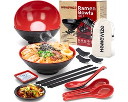 Homewize Ramen Bowl 3x - Set 14-delig - Noodle Kom Set met Soeplepels & Eetstokjes - Sterk & Vaatwasserbestendig Japans Melamine Servies - Stijlvolle Noodle Bowl Set voor 3 personen - Duurzaam Cadeau