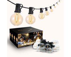 Homezie Lichtsnoer 36 meter met 60 LED bulbs | IP44 Spatwaterdicht | Warm wit | Koppelbaar & Dimbaar | Tuinverlichting | Prikkabel