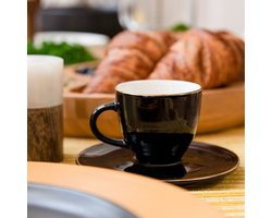 HOMLA Ellie Minimalist Kop en Schotel - Koffiekopje Theekopje Koffie en Thee en Koffiemok Set - Zwart met Gouden Details Porselein 230ml